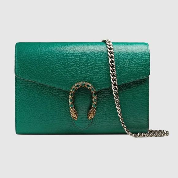 Gucci Chain Wallet Shoulder Bag Emerald Green Silver Gold Leather - Picture 1 of 3